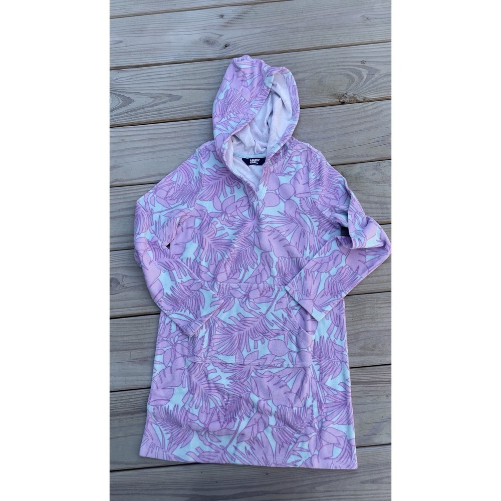 Lands End Girl M Terry Cloth Cover Up Long Sleeve Hood Swim Tropical Purple Aqua